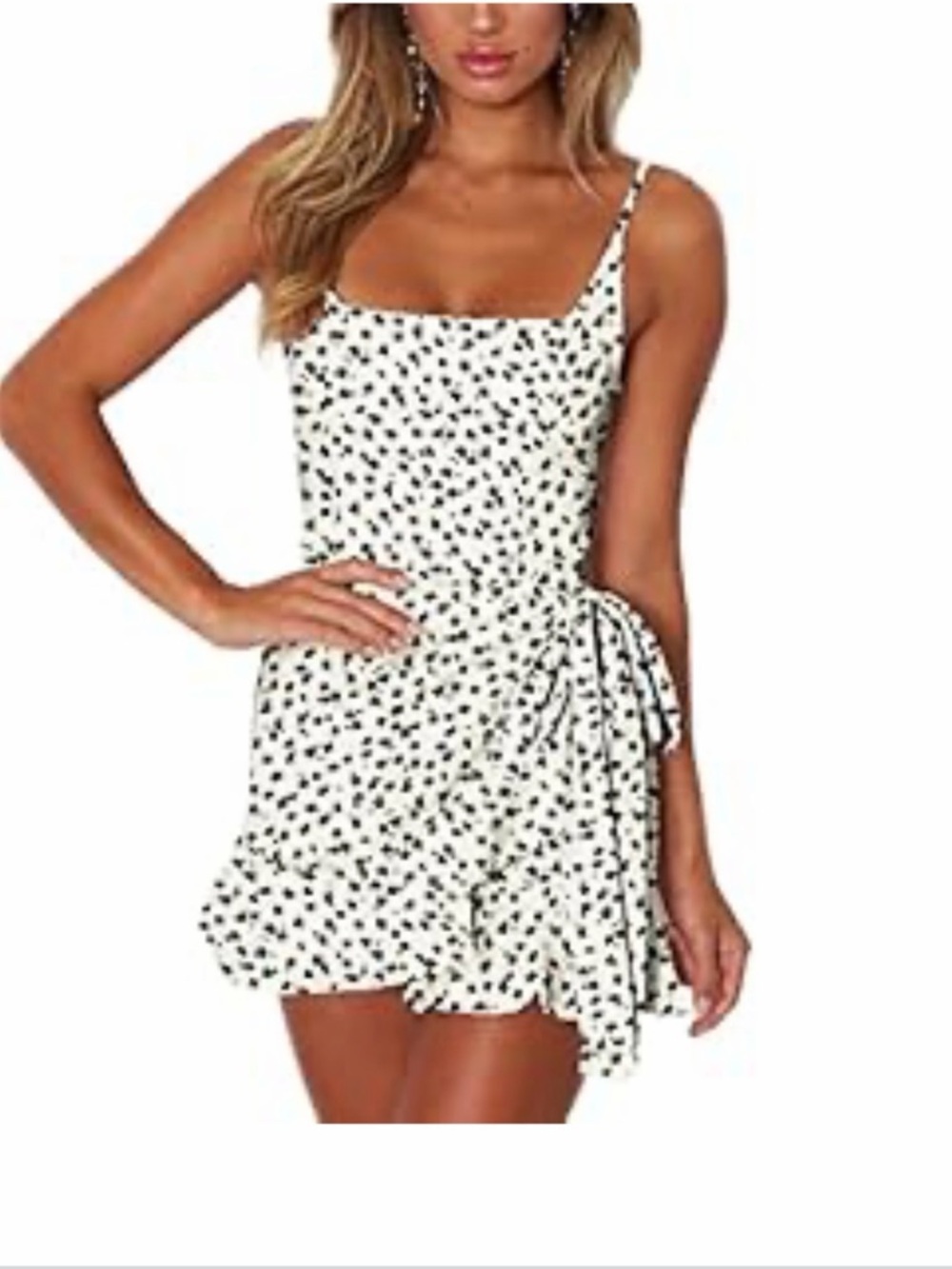 White Spotted Strappy Ruffle Mini Dress